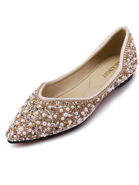 Shoes - Embellished Pearl Pointed Toe Flat - Champagne